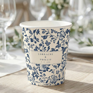 Gobelets En Papier Noms de mariage floraux vintage bleu marine élégan