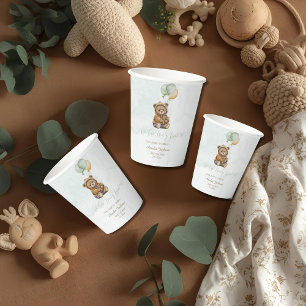 Gobelets En Papier Nounours en peluche Brun Sauge Verte Ballons Bébé