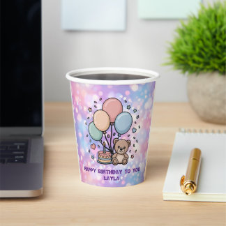 Gobelets En Papier Nounours Mignon et Ballons Paillettes Pastel