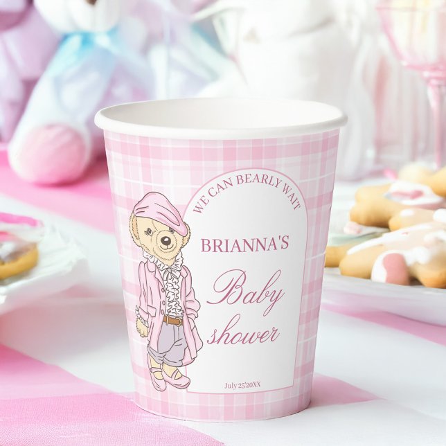 Gobelets En Papier Nous pouvons attendre rose plaid baby shower monog (We can bearly wait pink plaid teddy bear baby shower monogrammed printed paper cups personalized dec)