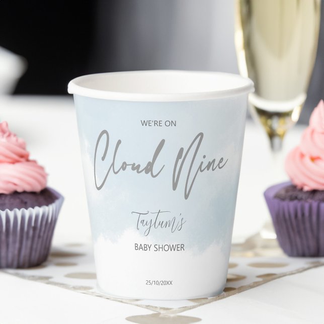 Gobelets En Papier Nuage neuf baby showers gris bleu poussiéreux (Cloud nine baby shower grey dusty blue template paper cups personalized cloud tableware table decor)