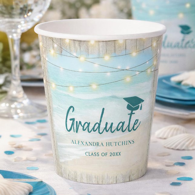 Gobelets En Papier Ocean Beach Rustic Wood Lights Graduation Party (Créateur téléchargé)