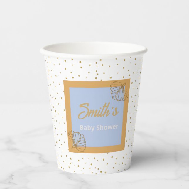 Gobelets En Papier Oh Baby Blue Gold Ginkgo Baby shower feuille (Recto)