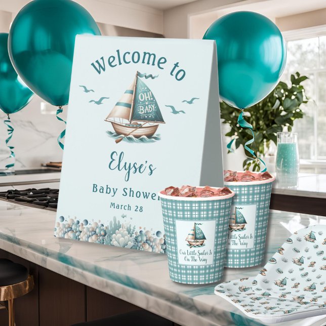 Gobelets En Papier "Oh, Baby" Nautical Paper Cup Blue Sailboat Design ("Oh, Baby" Sailor Baby Shower Party Cups)