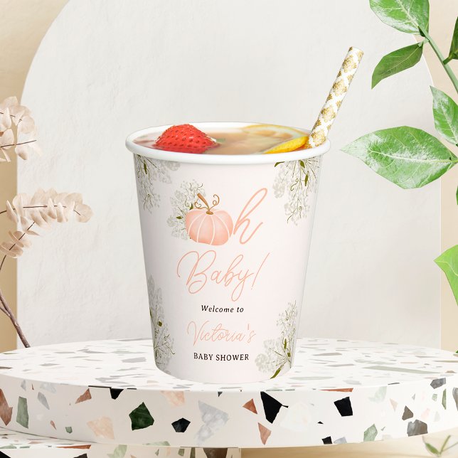 Gobelets En Papier Oh Baby rose citrouille baby shower floral chic (Oh Baby pink pumpkin floral chic baby shower Paper Cups)