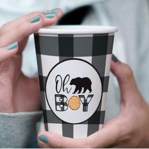 Gobelets En Papier Oh Boy Bear noir Buffalo Plaid Baby shower