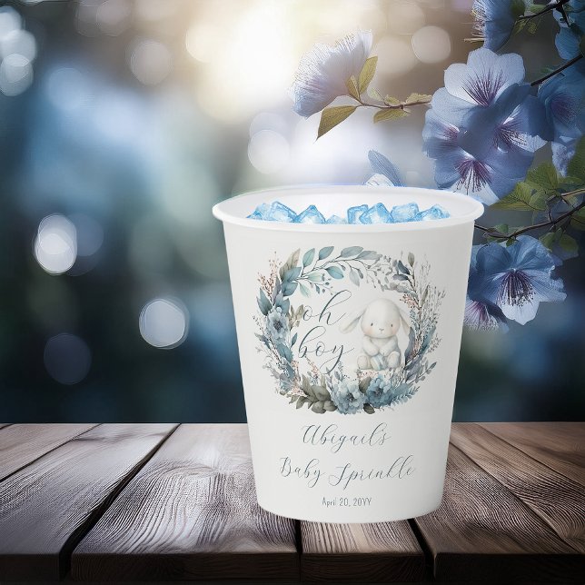 Gobelets En Papier Oh Garçon Lapin Lapin Blue Floral Baby Sprinky (Bunny Rabbit and Blue Floral Wreath Boy Baby Sprinkle Paper Cups - "Oh Boy" Bunny Collection)