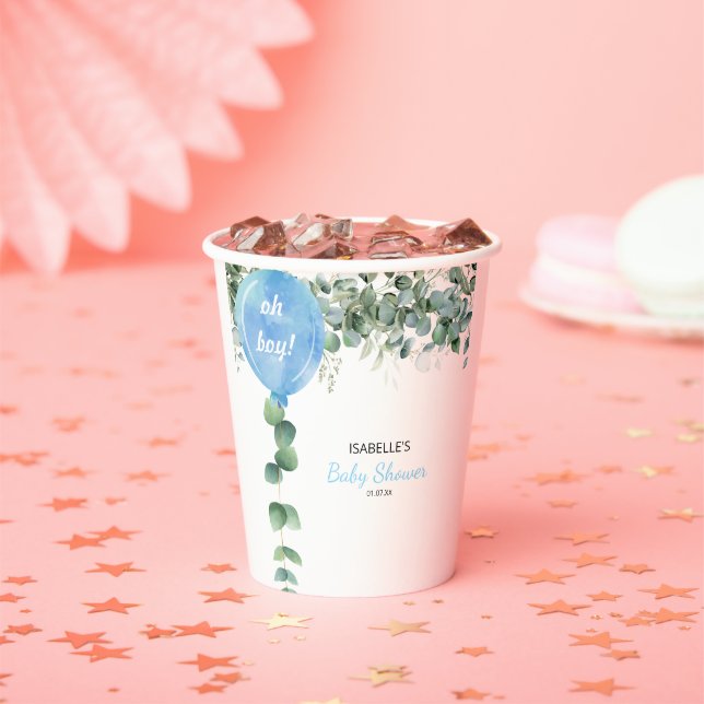 Gobelets En Papier Oh mon garçon ballon vert baby shower eucalyptus (Insitu)