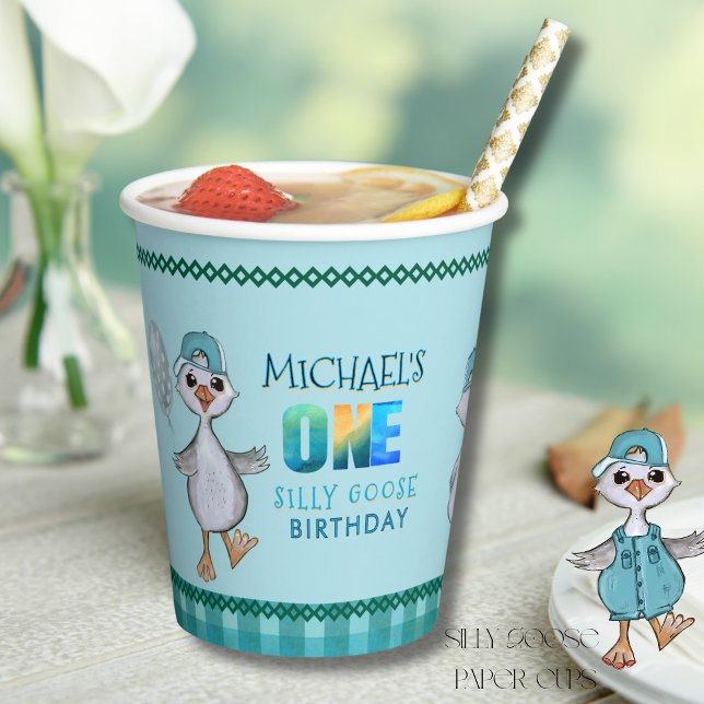 Gobelets En Papier Oie bête 1er anniversaire Blue Boy's (Silly Goose 1st Birthday Blue Boy's Paper Cups)