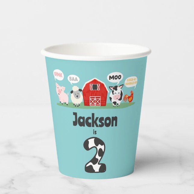 Gobelets En Papier Oink Baa Moo 2e anniversaire ferme animaux enfants (Recto)