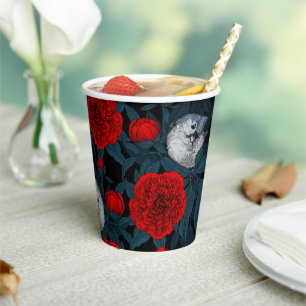 Gobelets En Papier Oiseaux et fleurs de pivoines rouges avec feuilles