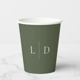 Gobelets En Papier Olive Green Élégant minimaliste Monogramme Mariage