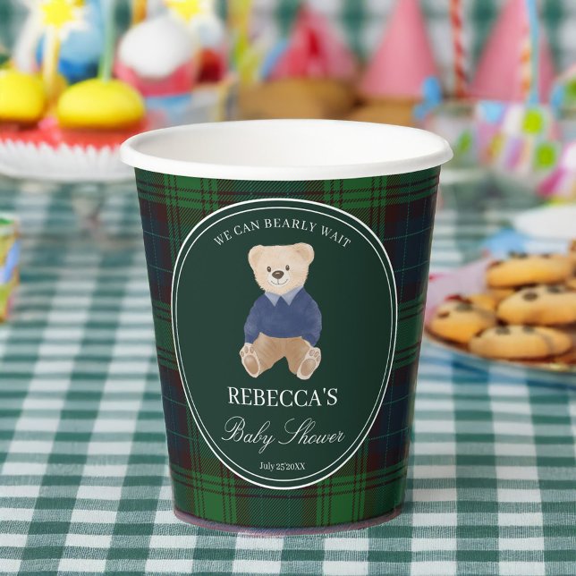 Gobelets En Papier On peut attendre un baby shower plaid classique (We can bearly wait green plaid  polo teddy bear baby shower personalized paper cups)