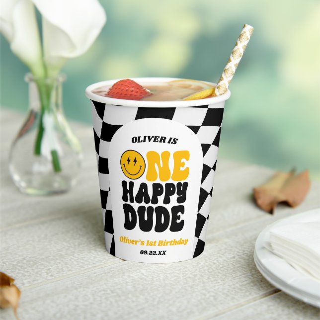 Gobelets En Papier One Happy Dude Retro First 1st Birthday Party (Insitu)