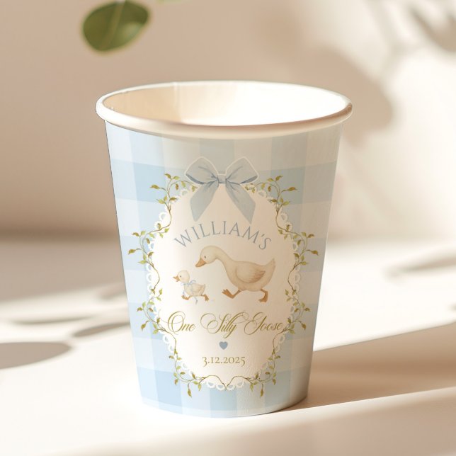 Gobelets En Papier One Silly Goose Blue Gingham Boy 1st Birthday (Créateur téléchargé)