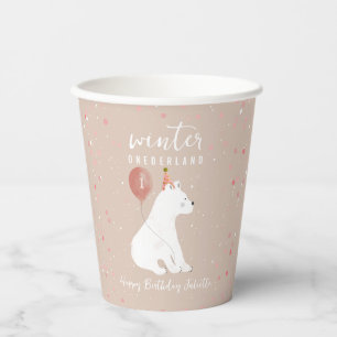Gobelets En Papier Onederland Pink Polar Bear 1er anniversaire
