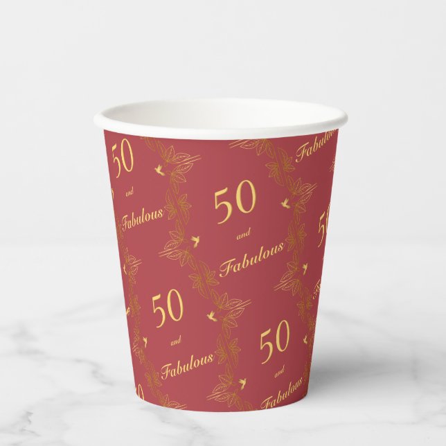 Gobelets En Papier Or Moderne Rouge Or 50 Anniversaire Fabuleux (Recto)