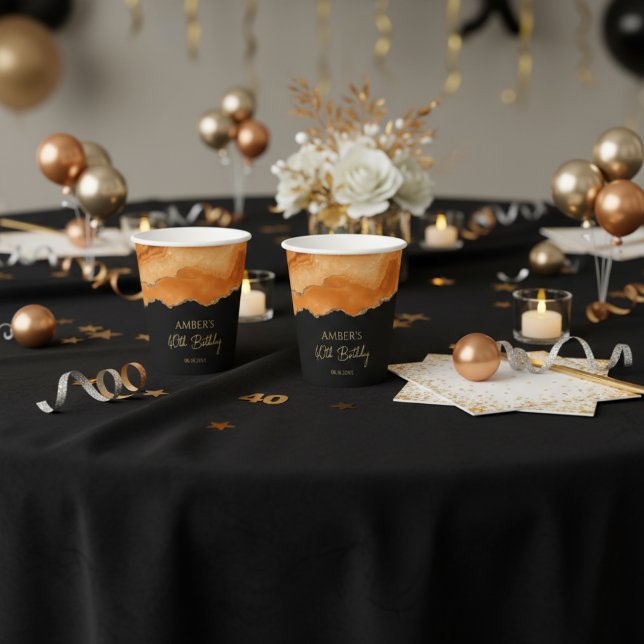 Gobelets En Papier Orange Gold Glitter  Watercolor Marble (Créateur téléchargé)