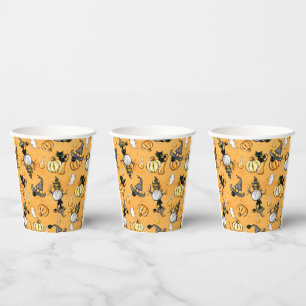 GOBELETS EN PAPIER ORANGE HALLOWEWEEN CITROUILLE ET CHATS NOIRS FRAIS