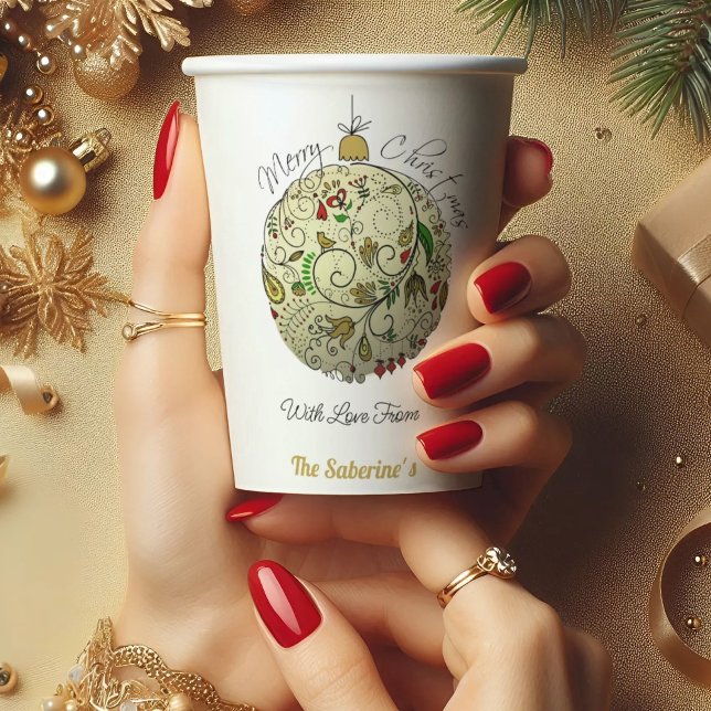 Gobelets En Papier Ornement moderne Elegant Gold Doodle de Noël (Créateur téléchargé)