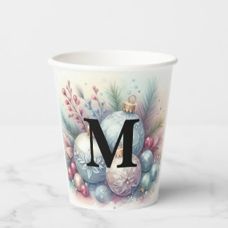 Gobelets En Papier Ornements de sapin de Noël à monogramme aquarelle