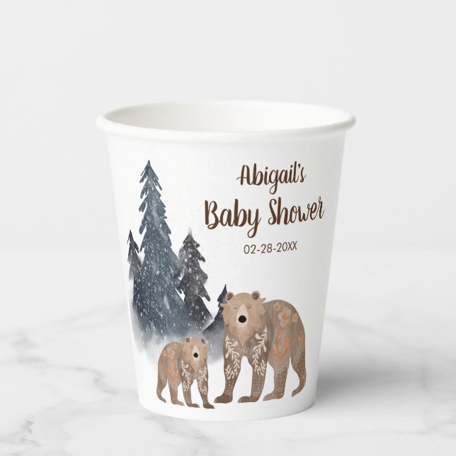 Gobelets En Papier Ours en forêt d'hiver Scandi Baby shower neutre (Recto)