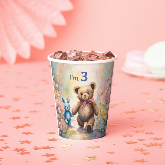 Gobelets En Papier Ours en peluche et lapin dans un jardin pastel (Insitu)