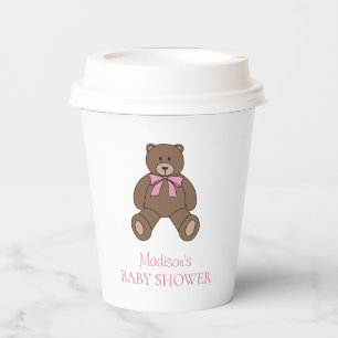 Gobelets En Papier Ours en peluche rose et blanc avec nom Baby Shower