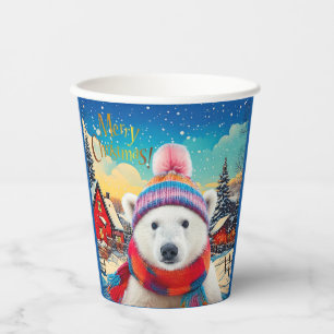 Gobelets En Papier Ours polaire chapeau de Père Noël et écharpe Joyeu