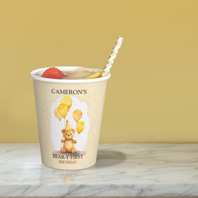 Gobelets En Papier Ours Premier anniversaire Sexe Ours jaune neutre (Créateur téléchargé)