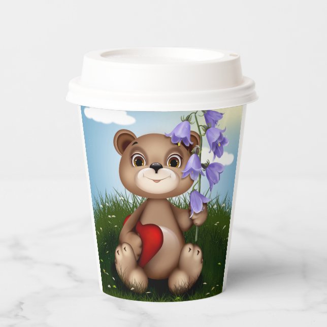 Gobelets En Papier Ours tenant un bouquet de fleurs-30926 (Recto)