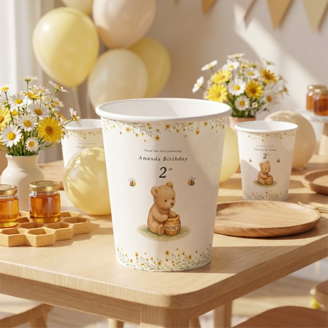 Gobelets En Papier Ourson Floral Fête de Naissance (Créateur téléchargé)