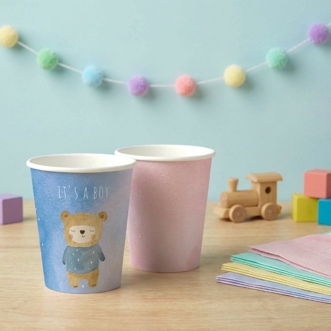 Gobelets En Papier Ourson pastel bleu c'est un garçon (Blue pastel cute bear it's a boy paper cups.)