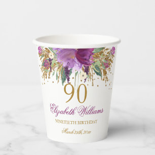 Gobelets En Papier Paillettes Florales Étincelantes Anniversaire 90 A
