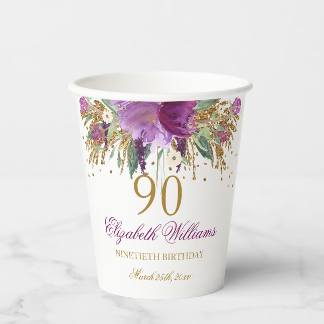 Gobelets En Papier Paillettes Florales Étincelantes Anniversaire 90 A (Recto)