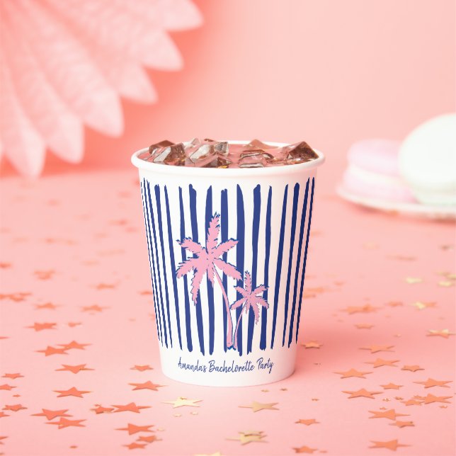 Gobelets En Papier Paire de palmiers roses sur rayures bleues Enterre (Insitu)