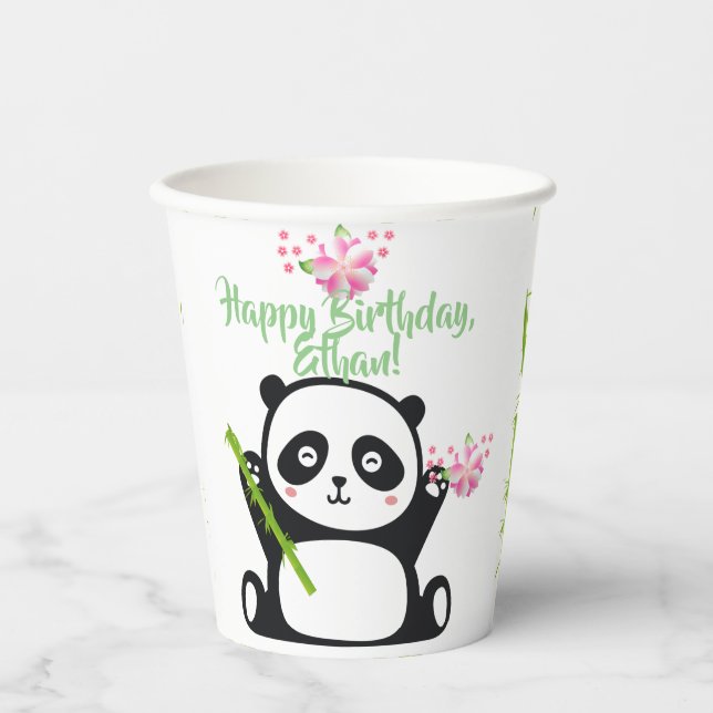 Gobelets En Papier Panda heureux avec bambou et fleurs de cerisiers   (Recto)