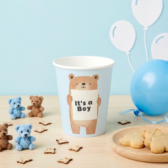 Gobelets En Papier Panneau de maintien de l'ours baby shower bleu mig (Bear holding sign cute blue baby shower paper cups.)