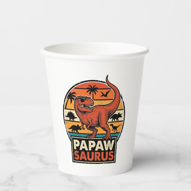 Gobelets En Papier Papawsaurus Rétro Dinosaure Coucher de Soleil Vect (Recto)