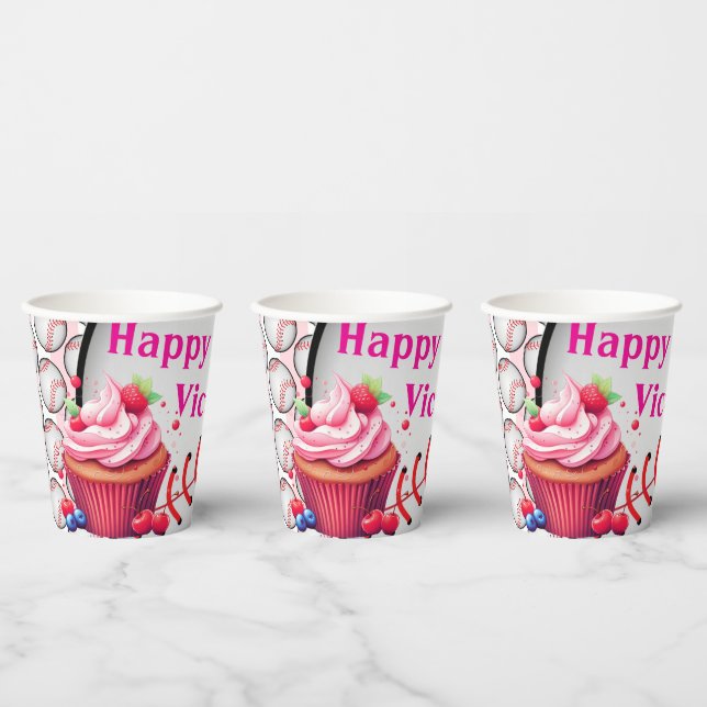 Gobelets En Papier Paper Cup Pink White Stripe Birthday Baseball (Multi)