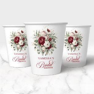 Gobelets En Papier Papier élégant bordeaux à motifs floraux dorés pou