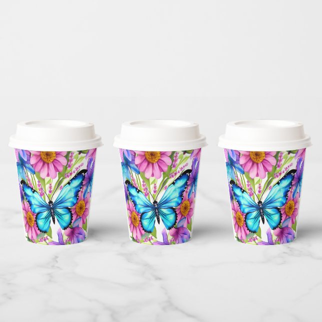 Gobelets En Papier Papillon bleu dans un champ de fleurs (Multi)