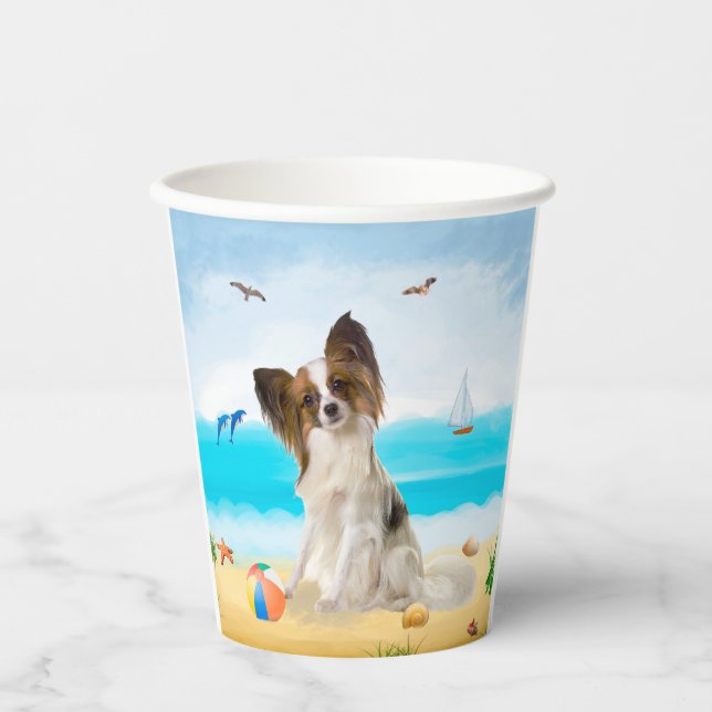 Gobelets En Papier Papillon Chien sur la Plage (Recto)