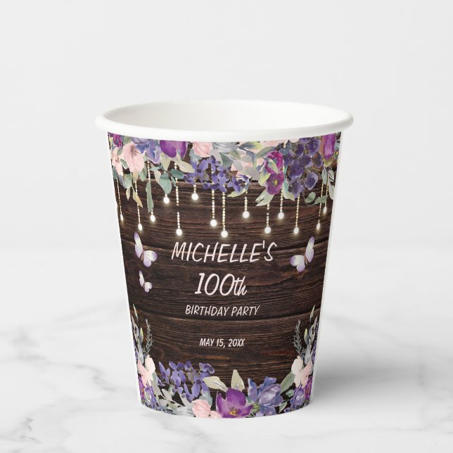 Gobelets En Papier Papillon floral rose pourpre Rustique 100e anniver (Recto)
