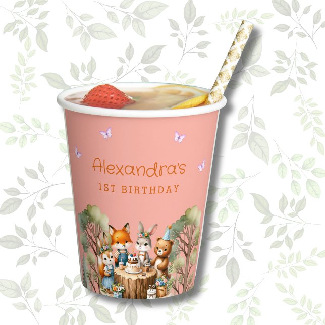 Gobelets En Papier Papillon rose Fille Bois Animaux 1er anniversaire (Créateur téléchargé)