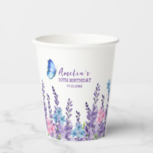 Gobelets En Papier Papillon rose floral Fille d'anniversaire vaissell