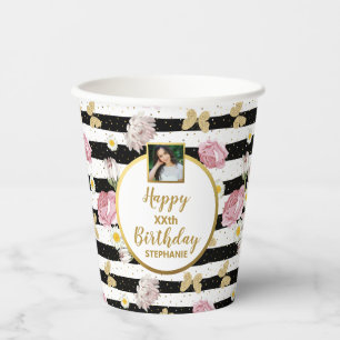 Gobelets En Papier Papillon rose floral or Photo personnalisée Anniv