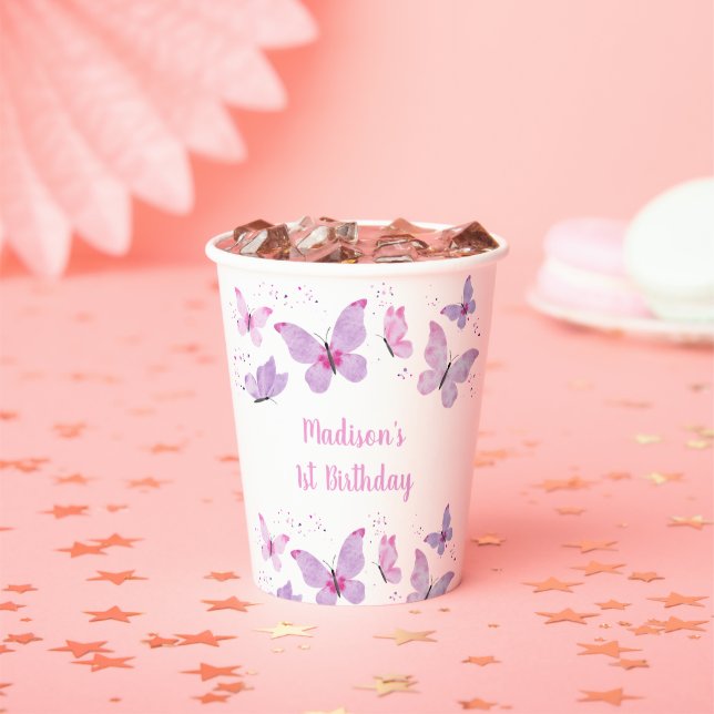 Gobelets En Papier Papillon rose violet Anniversaire (Insitu)