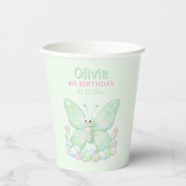 Gobelets En Papier Papillon Vert Menthe Anniversaire (Recto)