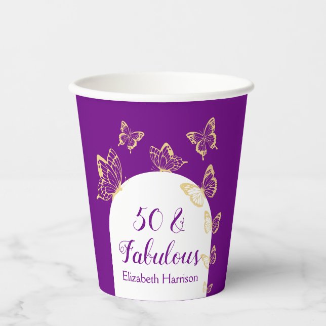 Gobelets En Papier Papillons d'or violet moderne Fabuleux anniversair (Recto)